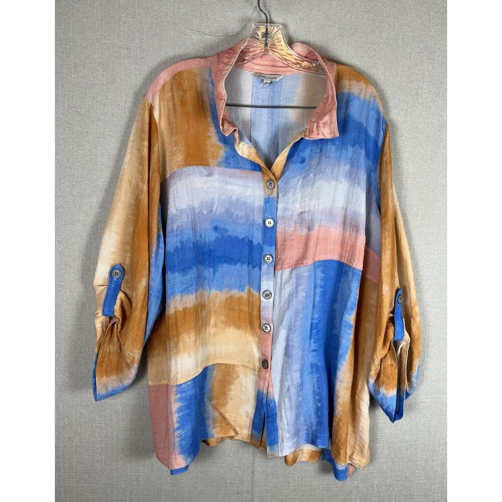 John Mark Plus Size 2X Pastel Watercolor Beach Button Up Shirt Tunic Roll Tab